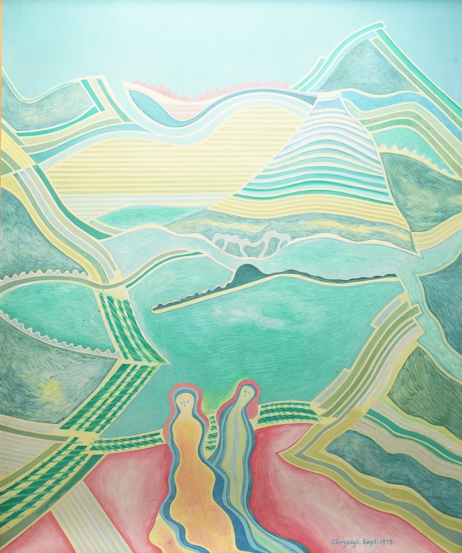Andrew Chrysafi (b.1938), surreal landscape with two figures, signed and dated Sept. 1973, oil on canvas, 121 x 99cm